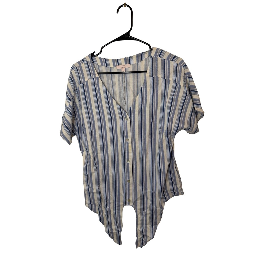 Como Vintage Womens Blue White Striped Tie Front Button Down Blouse Large